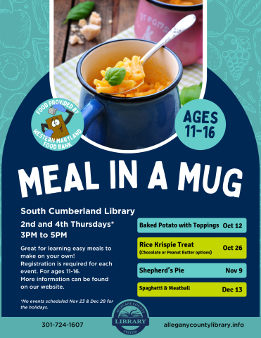 Meal in a Mug flyer detailing the dates of the events and recipes for each