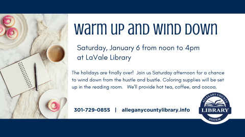 Warm up and Wind down event details with a cozy coffee cup and notebook