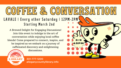 Coffee and Conversation event details with retro coffee cup smiling 
