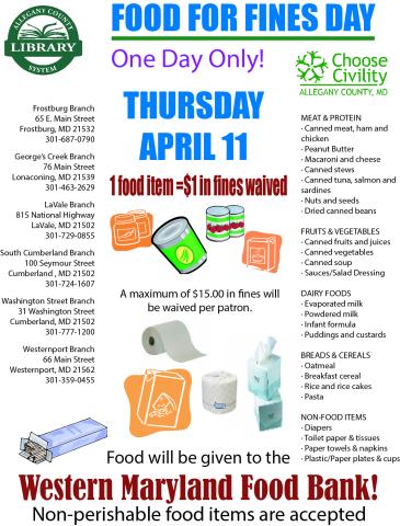 food for fines event information, clip art of a canned goods, ACLS logo, Choose Civility logo