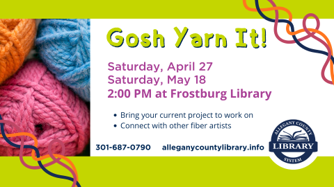 Picture of pink, orange, and blue yarn beside event details