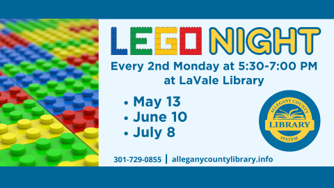 image is of red yellow green and blue legos with information about lego night including dates and time
