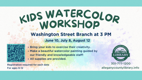 Kids Watercolor Workshop promotional image, call 301-777-1200 for questions