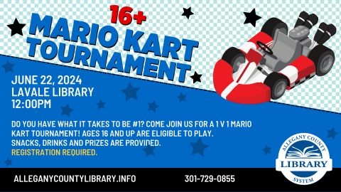 Mario Kart tournament details with a cartoon car