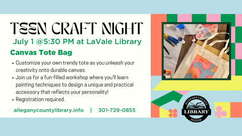 event description along with a photo of a canvas tote bag painted with a wavy colorblock design