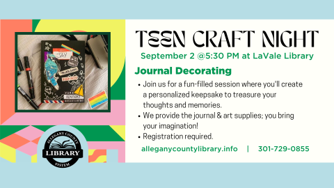 event description and a photo depicting a black journal that has been decorated with various stickers and drawings