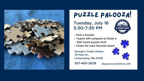 Graphic of Puzzle Palooza event, July 16, 2024.