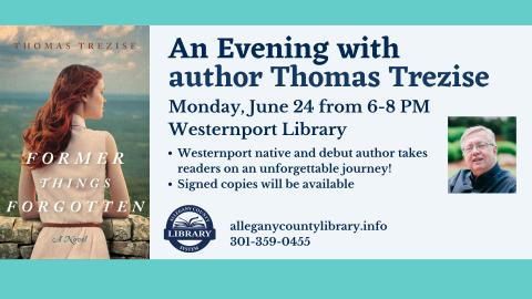 An evening with Thomas Trezise graphic with book cover and author photo