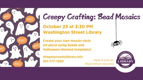 Join us at the Washington Street Library for a spook-tacular Halloween-themed craft program! Kids will have the chance to create their own mosaic-style art pieces using colorful beads and Halloween-themed templates like skulls, ghosts, pumpkins, and more! This creepy craft is best suited for kids ages 6 and up. Get into the Halloween spirit with this hands-on craft and have fun creating a unique decoration to take home and display in time for the spooky season!