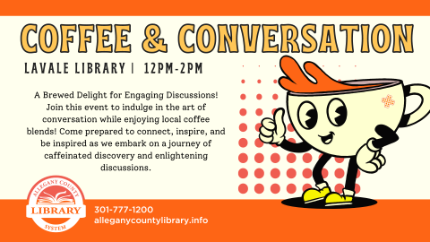 Coffee and Conversation event details with retro coffee cup smiling 