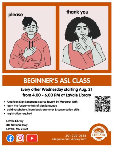 American Sign Language class flyer.  Two illustrations of people signing with event information.