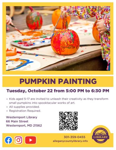 Kids! Unleash you creativity! Paint a one-of-a-kind Pumpkin! Limited seating! Registration required.