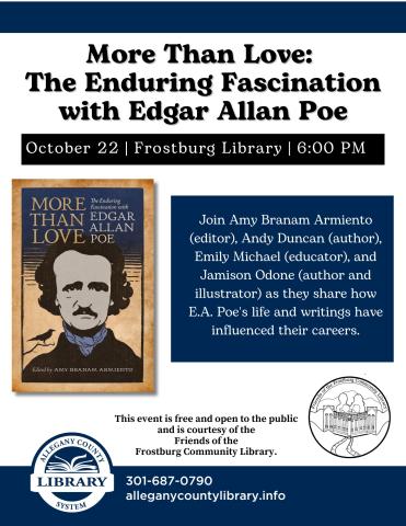 Bold black text advertising Edgar Allan Poe Event along with an illustrated book cover.