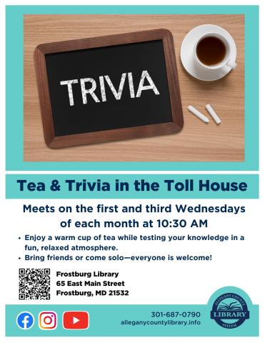 Tea and Trivia flyer.  Tea cop and chalkboard with "Trivia" written in chalk