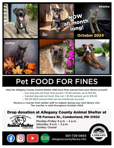 Pet food for fines flyer with images of adoptable pets