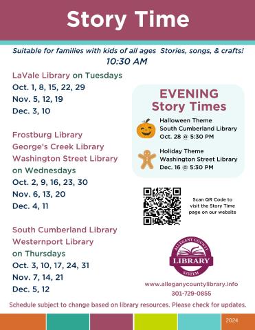 Fall 2024 Story Time flyer with schedule 