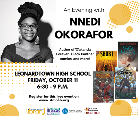 Author Nnedi Okorafor and photos of covers of her books