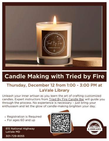 Candle making flyer.  Image of burning candle with program information