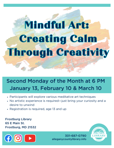 Mindful Art: Creating Calm Through Creativity text on abstract paint background. All event details are in the event description. 