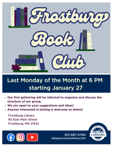 Frostburg book club in retro font with shelves, join us at 6 PM on the last Monday of the month for our new book club