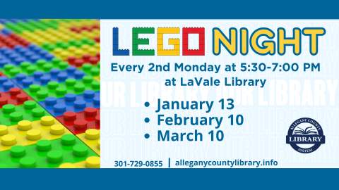 image is of red yellow green and blue legos with information about lego night including dates and time