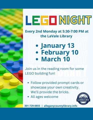 image is of red yellow green and blue legos with information about lego night including dates and time