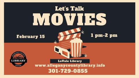 Let's talk movies graphic with popcorn, 3D glasses, and director's clapboard