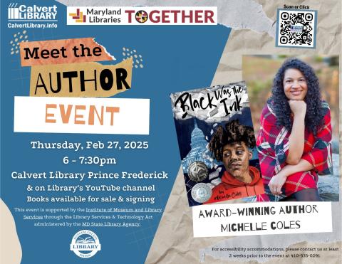 Meet the Author event poster with event information and photo of author and book cover for "Black was the Ink"