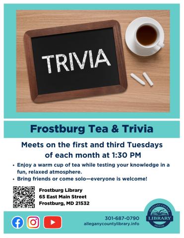 Tea and Trivia flyer.  Tea cop and chalkboard with "Trivia" written in chalk