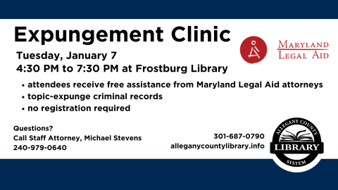 navy blue border with black text regarding expungement clinic on january 7 from 4:30 to 7:30