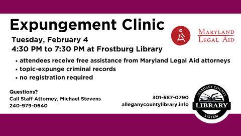 plum border with black text for expungement clinic on Feb 4 from 4:30 to 7:30