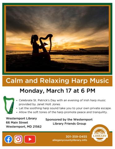 Celebrate St. Patrick's Day with an evening of Irish harp music provided by Janet Holt Jones!