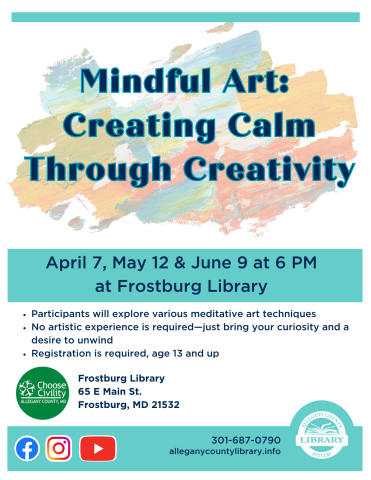 Mindful Art: Creating Calm Through Creativity text over abstract watercolor background. All text included in event description