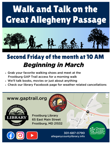 Walk and Talk on the Great Allegany Passage. Silhouette of people against a blue sky. Text included in event description 