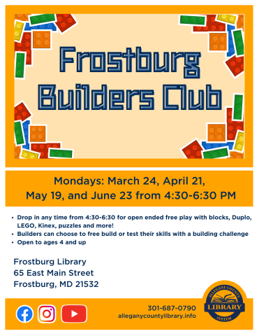 Gold background with LEGO bricks, Builders Club Dates are March 24,  April  21, May 19 and June 23 from 4:30-6:30 for drop in LEGO play and more 