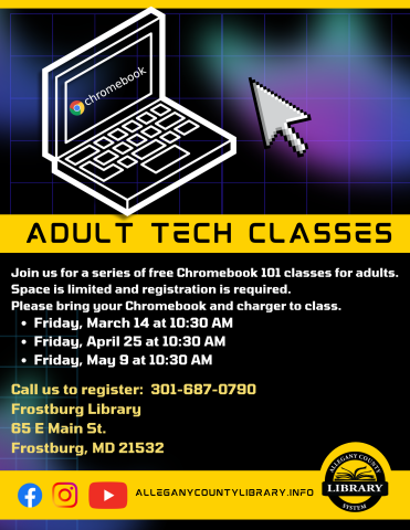 Adult tech class flyer, image of chromebook and cursor, all info in event description