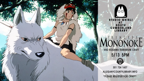 Princess Mononoke movie screening poster - south cumberland library on 5/13 at 5PM