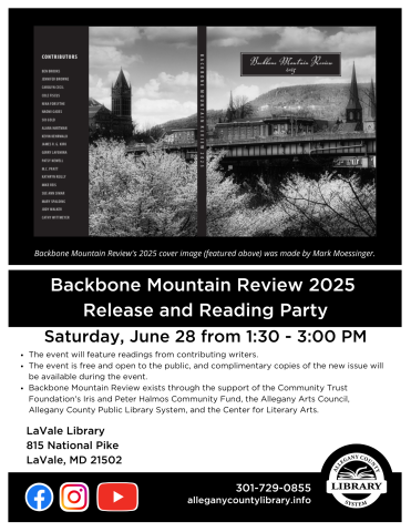 flyer for Backbone Mountain Review 2025 Release and Reading Party at LaVale Library on June 28 2025 from 1:30pm- 3:30pm