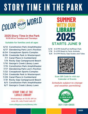 Flyer for Allegany County Library’s 2025 Story Time in the Park series, held Tuesdays and Thursdays at 10:00 AM at various parks and libraries from June 12 to August 7, with special events and a QR code for more info.
