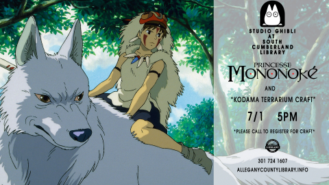 Princess Mononoke movie screening poster - south cumberland library on 7/1 at 5PM