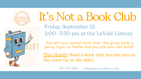 blue and yellow graphic with retro style.  blue book character points to event details: it's not a book club next meeting