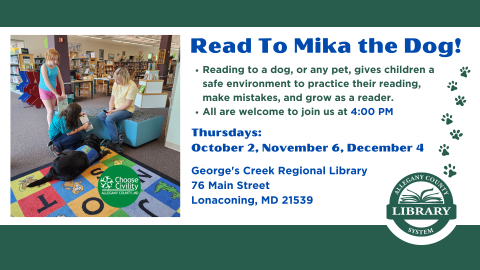 Read to Mika, Thursday October 2, November 6, and December 4 at 4:00 pm. Image of children reading to dog and handler in the library.
