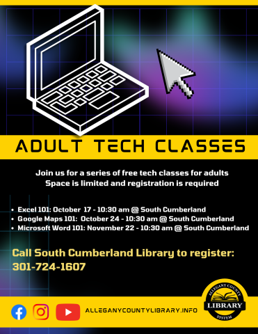 Adult Tech Classes at South Cumberland Library flyer