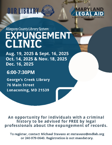 Graphic with dates for Expungement Clinic at George's Creek Library.