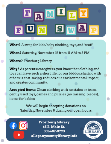 Family Fun Swap in wooden block letters, all text for event is in description