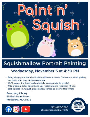 Paint N' Squish text with a green frog, pink unicorn and tan hamster squishmallow graphic