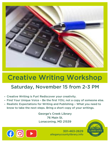 Graphic for Writing Workshop at the George's Creek Library, 11152025.