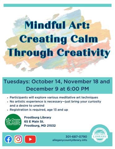 Mindful Art: Creating Calm Through Creativity text over abstract watercolor background. All text included in event description