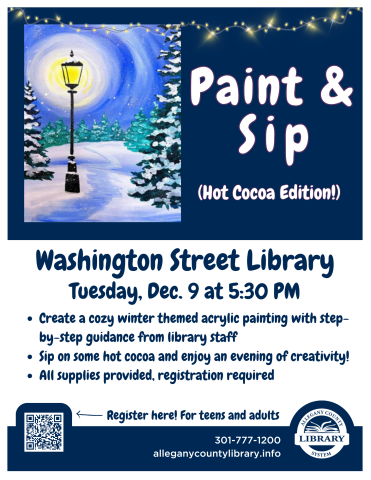 Paint and sip flyer, painting of a snowy park with trees and shining lamppost 