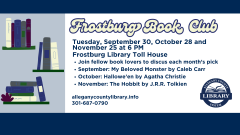 All details in event description. blue tinted books on floating shelves with retro font